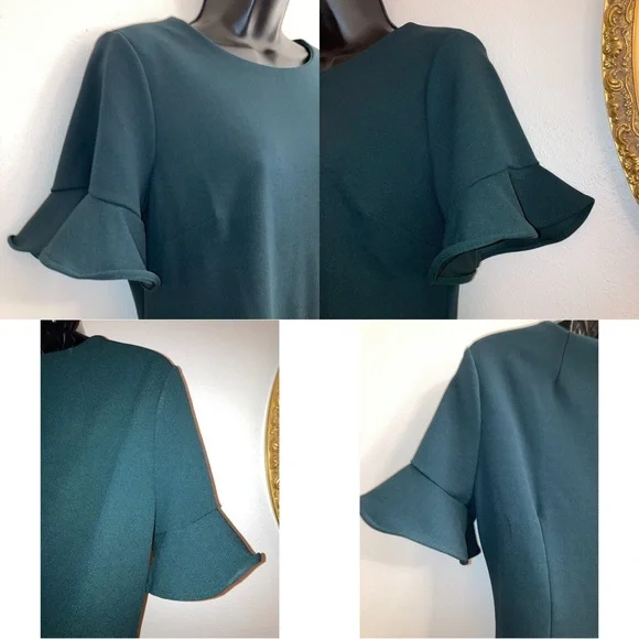 NEW Calvin Klein Fall Green Ruffle Short Sleeve Pencil Sheath Formal Dress 10 - Picture 11 of 17